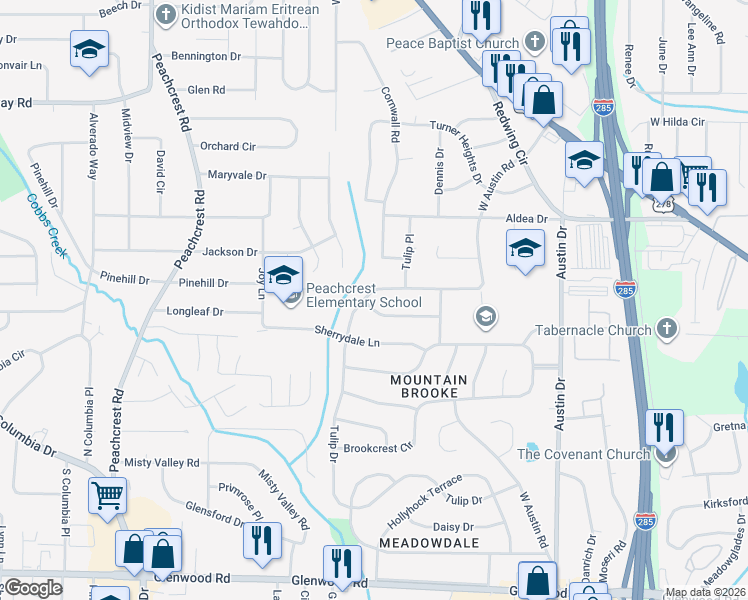 map of restaurants, bars, coffee shops, grocery stores, and more near 3287 Tulip Drive in Decatur