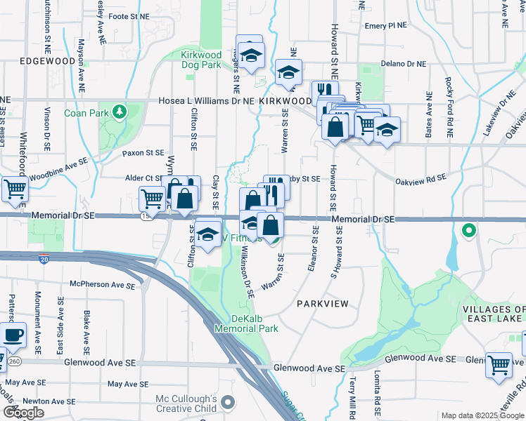 map of restaurants, bars, coffee shops, grocery stores, and more near 172 Dearborn Street Southeast in Atlanta
