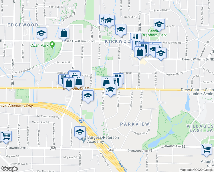 map of restaurants, bars, coffee shops, grocery stores, and more near 1811 Dixie Street Southeast in Atlanta