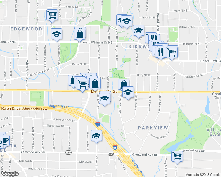 map of restaurants, bars, coffee shops, grocery stores, and more near 198 Clay Street Southeast in Atlanta