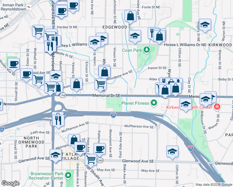 map of restaurants, bars, coffee shops, grocery stores, and more near 1435 Vaughn Street Southeast in Atlanta