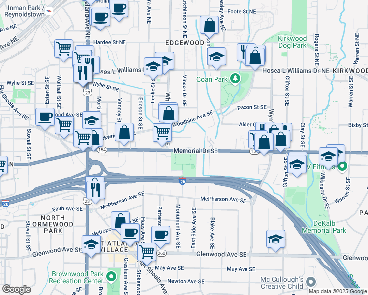 map of restaurants, bars, coffee shops, grocery stores, and more near 1426 Memorial Drive Southeast in Atlanta