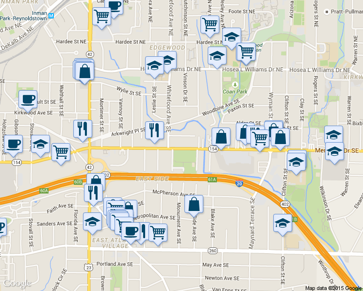 map of restaurants, bars, coffee shops, grocery stores, and more near 1435 Vaughn Street Southeast in Atlanta