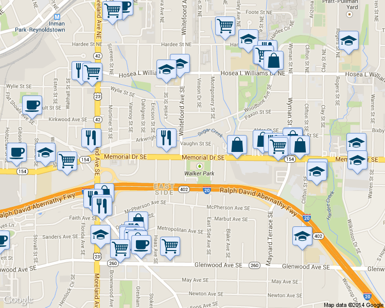map of restaurants, bars, coffee shops, grocery stores, and more near 154 Whitefoord Avenue Southeast in Atlanta