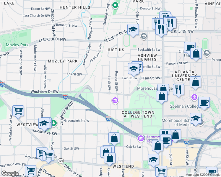 map of restaurants, bars, coffee shops, grocery stores, and more near 237b Rosser Street Southwest in Atlanta