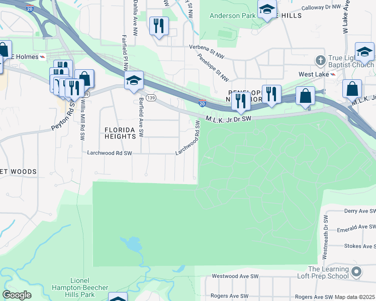 map of restaurants, bars, coffee shops, grocery stores, and more near 2121 Larchwood Road Southwest in Atlanta