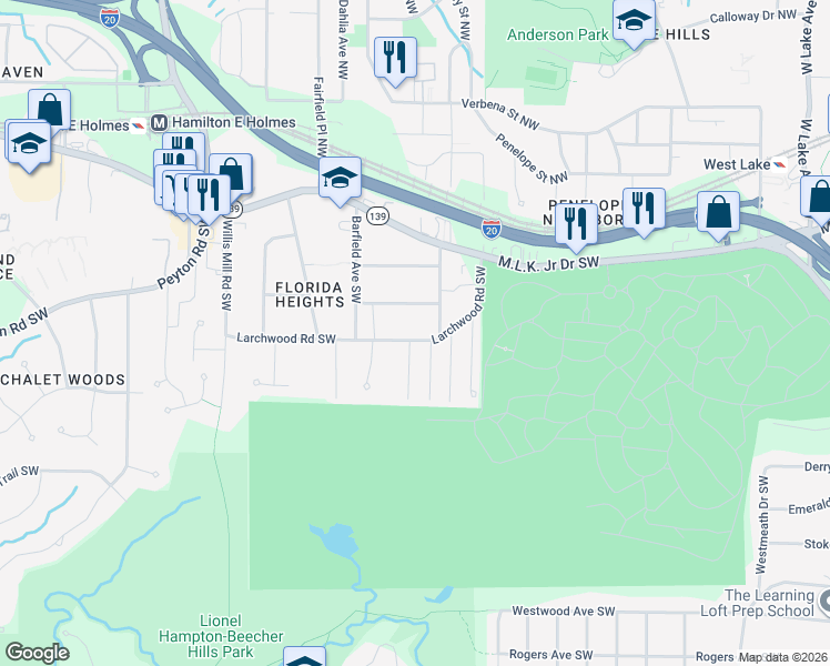 map of restaurants, bars, coffee shops, grocery stores, and more near 2166 Wingate Street Southwest in Atlanta