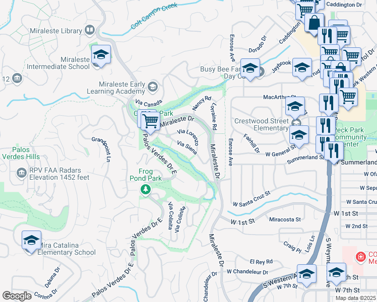 map of restaurants, bars, coffee shops, grocery stores, and more near 6528 Via Siena in Rancho Palos Verdes