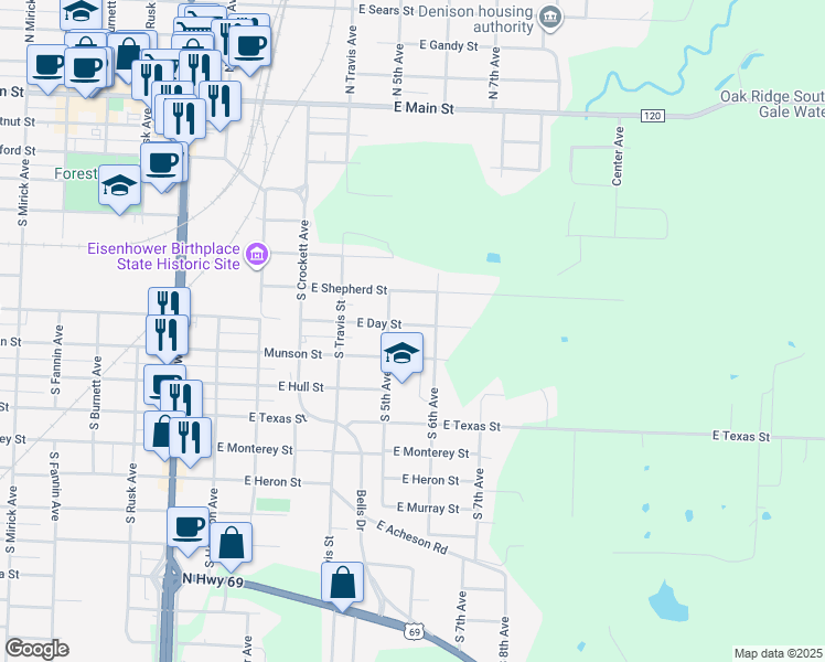 map of restaurants, bars, coffee shops, grocery stores, and more near 515 East Day Street in Denison