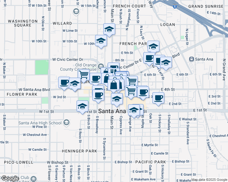 map of restaurants, bars, coffee shops, grocery stores, and more near 421 North Main Street in Santa Ana