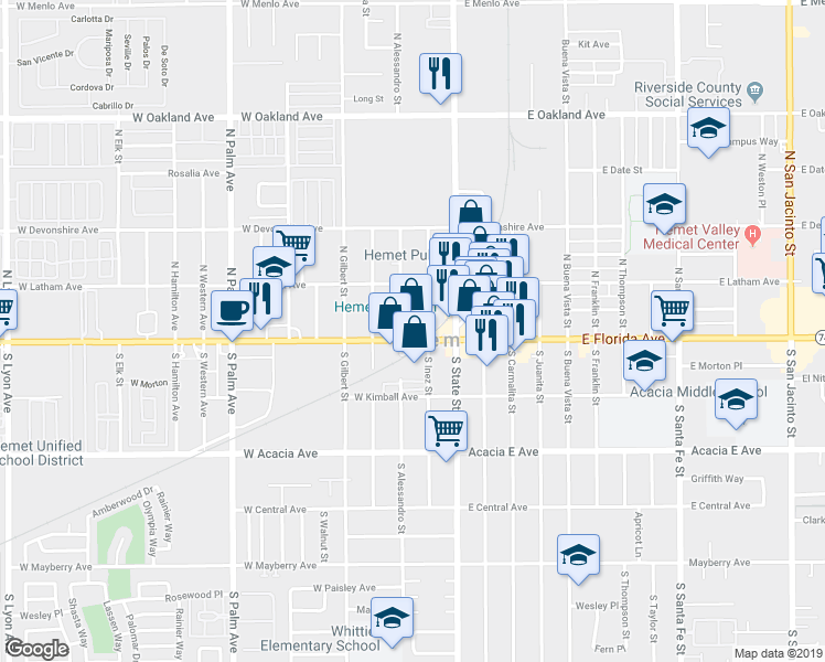 map of restaurants, bars, coffee shops, grocery stores, and more near 210 West Florida Avenue in Hemet