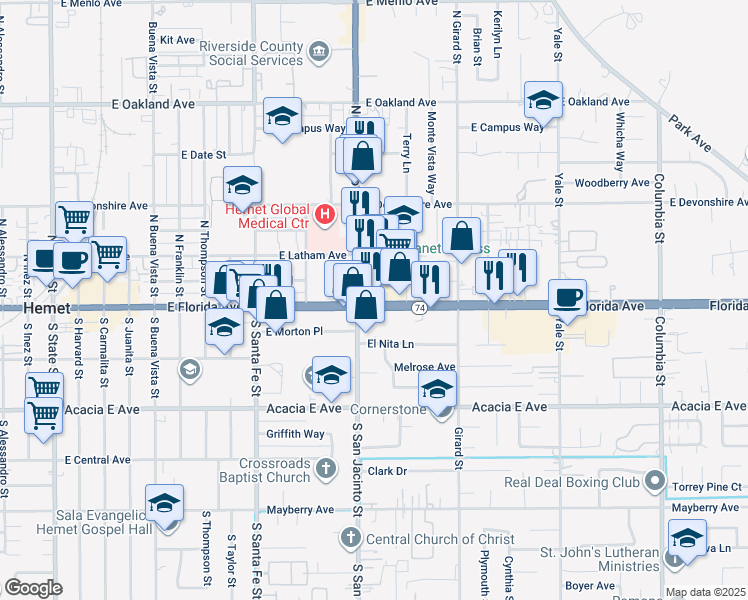map of restaurants, bars, coffee shops, grocery stores, and more near 1380 East Florida Avenue in Hemet