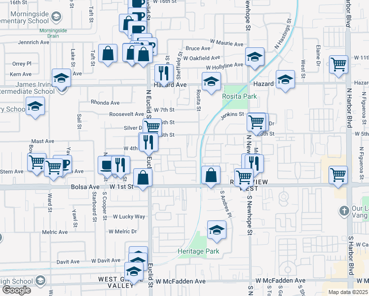 map of restaurants, bars, coffee shops, grocery stores, and more near 4832 West 5th Street in Santa Ana