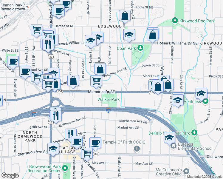 map of restaurants, bars, coffee shops, grocery stores, and more near 1436 Walker Place Southeast in Atlanta