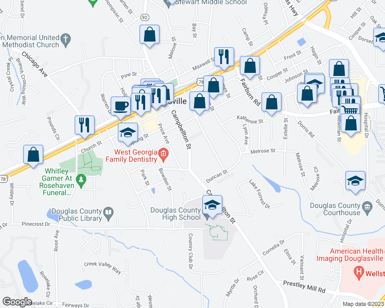 map of restaurants, bars, coffee shops, grocery stores, and more near 8554 Campbellton Street in Douglasville