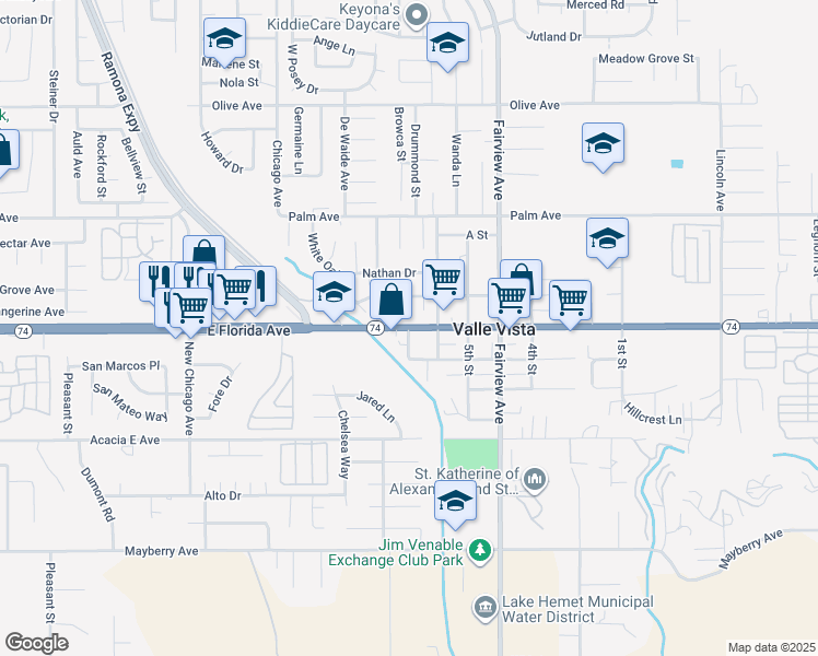 map of restaurants, bars, coffee shops, grocery stores, and more near 45055 East Florida Avenue in Hemet