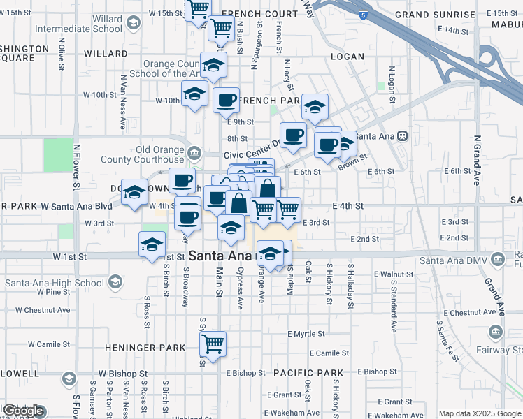 map of restaurants, bars, coffee shops, grocery stores, and more near 310 East 4th Street in Santa Ana