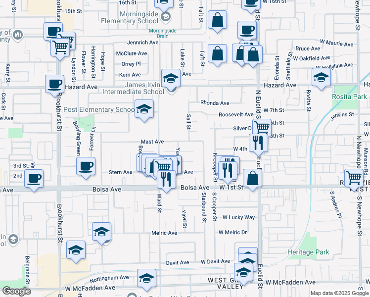map of restaurants, bars, coffee shops, grocery stores, and more near 10651 Mast Avenue in Garden Grove