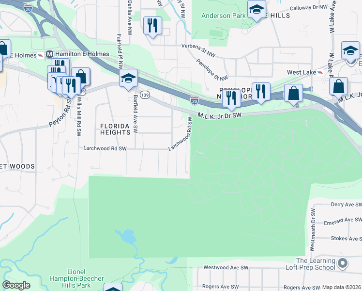 map of restaurants, bars, coffee shops, grocery stores, and more near 2121 Larchwood Road Southwest in Atlanta