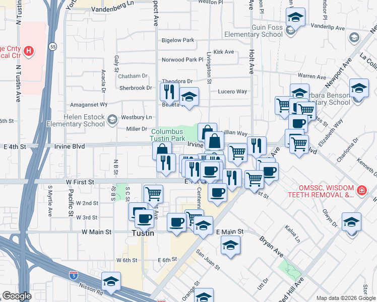 map of restaurants, bars, coffee shops, grocery stores, and more near 17898 Irvine Boulevard in Tustin