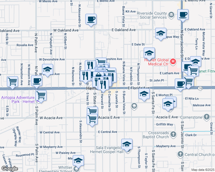 map of restaurants, bars, coffee shops, grocery stores, and more near 222 East Florida Avenue in Hemet