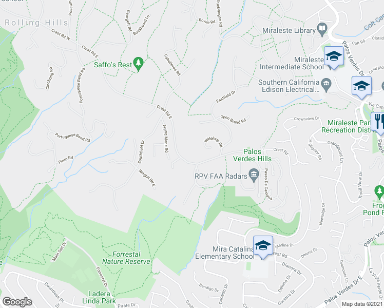 map of restaurants, bars, coffee shops, grocery stores, and more near 62 Crest Road East in Rolling Hills