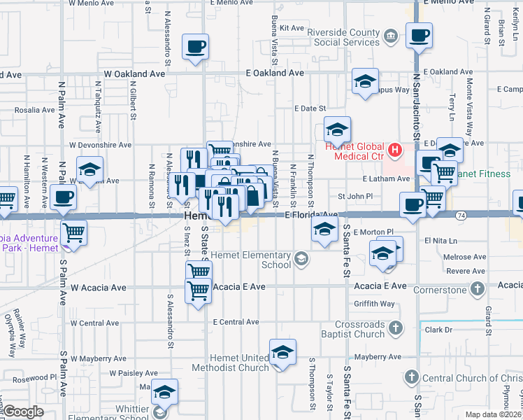 map of restaurants, bars, coffee shops, grocery stores, and more near 130 North Juanita Street in Hemet