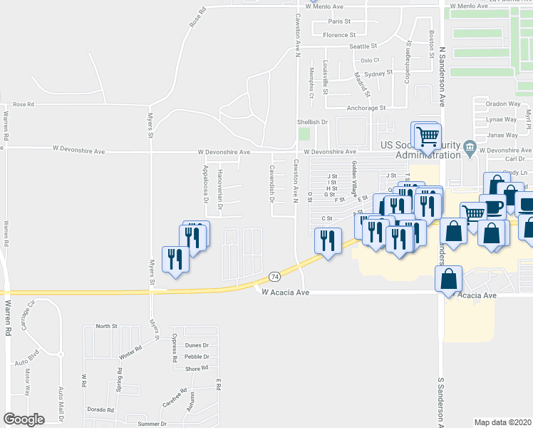 map of restaurants, bars, coffee shops, grocery stores, and more near 213 Cavendish Drive in Hemet