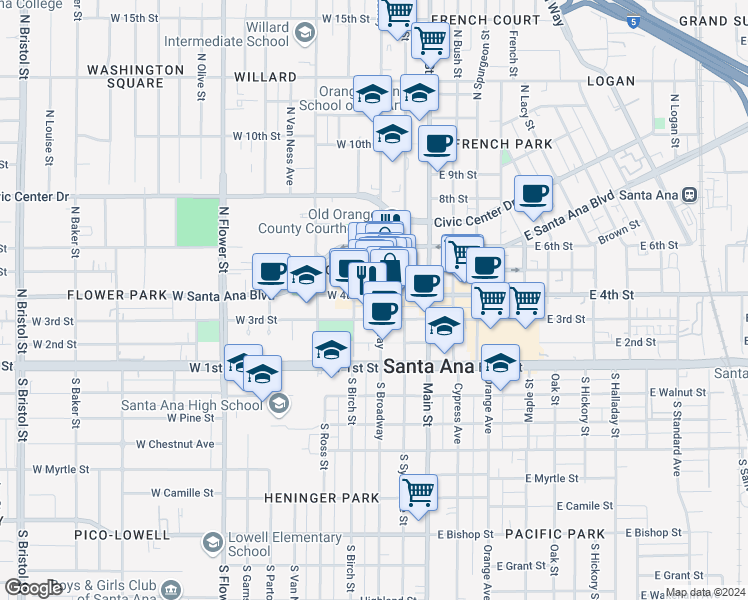 map of restaurants, bars, coffee shops, grocery stores, and more near 302 West 5th Street in Santa Ana