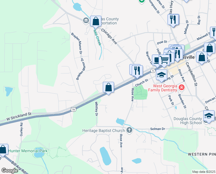 map of restaurants, bars, coffee shops, grocery stores, and more near 7015 West Strickland Street in Douglasville