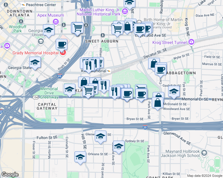 map of restaurants, bars, coffee shops, grocery stores, and more near 248 Oakland Avenue Southeast in Atlanta