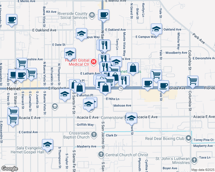map of restaurants, bars, coffee shops, grocery stores, and more near 1380 East Florida Avenue in Hemet
