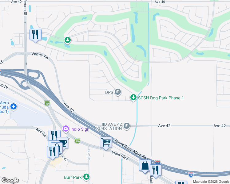 map of restaurants, bars, coffee shops, grocery stores, and more near 80773 Camino Santa Elise in Indio