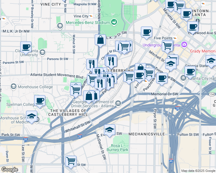 map of restaurants, bars, coffee shops, grocery stores, and more near 244 Castleberry Station Drive Southwest in Atlanta