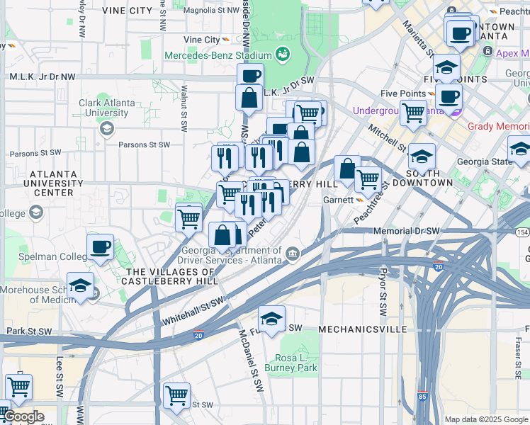 map of restaurants, bars, coffee shops, grocery stores, and more near 249 Peters Street Southwest in Atlanta