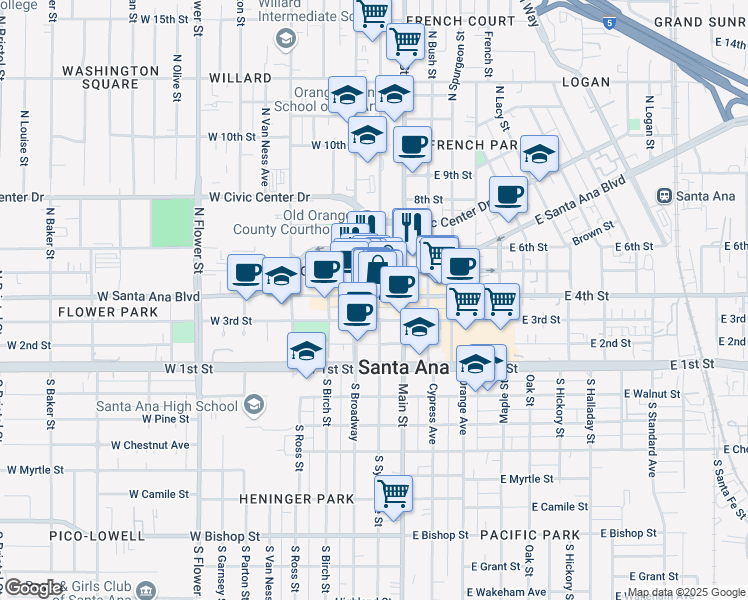map of restaurants, bars, coffee shops, grocery stores, and more near 415 North Sycamore Street in Santa Ana