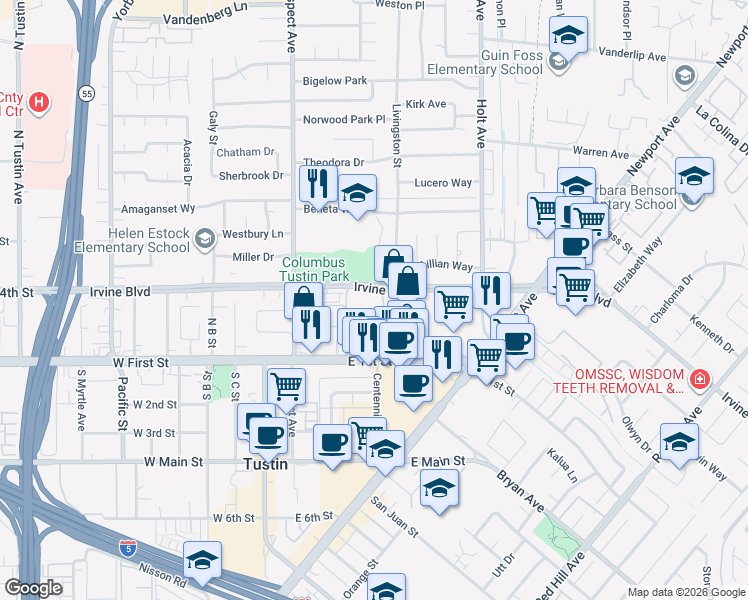 map of restaurants, bars, coffee shops, grocery stores, and more near 17950 Irvine Boulevard in Tustin