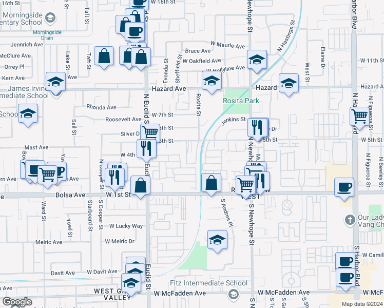 map of restaurants, bars, coffee shops, grocery stores, and more near 4832 West 5th Street in Santa Ana