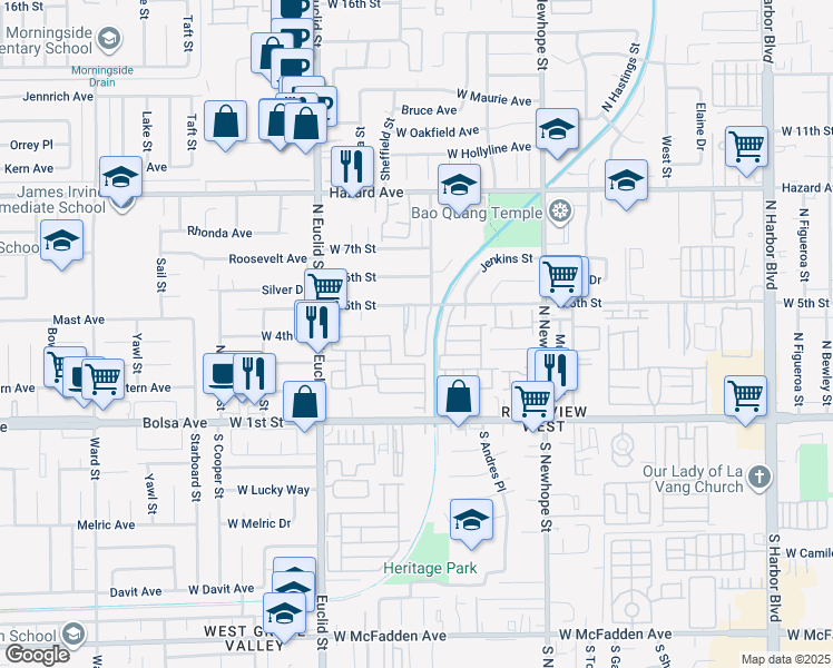 map of restaurants, bars, coffee shops, grocery stores, and more near 4906 West 5th Street in Santa Ana