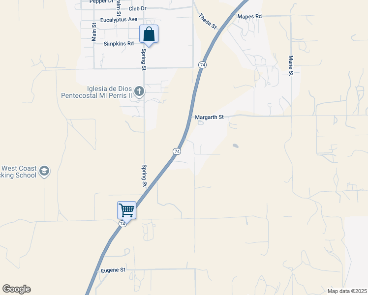 map of restaurants, bars, coffee shops, grocery stores, and more near California 74 in Perris