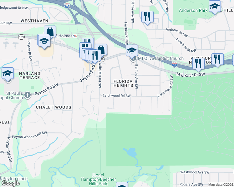 map of restaurants, bars, coffee shops, grocery stores, and more near 272 Silver Springs Circle Southwest in Atlanta