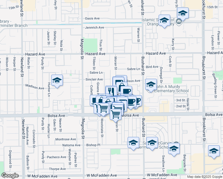 map of restaurants, bars, coffee shops, grocery stores, and more near 9290 Madison Avenue in Westminster