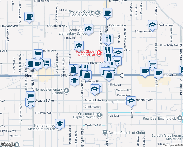 map of restaurants, bars, coffee shops, grocery stores, and more near 1035 Saint John Place in Hemet