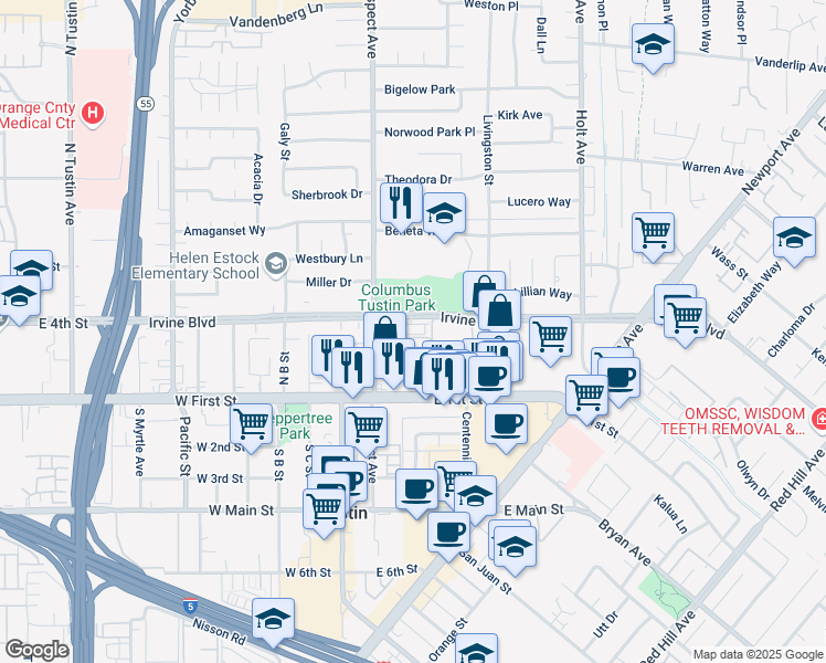 map of restaurants, bars, coffee shops, grocery stores, and more near in Tustin