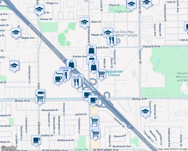 map of restaurants, bars, coffee shops, grocery stores, and more near 14726 Goldenwest Street in Westminster