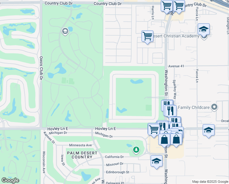 map of restaurants, bars, coffee shops, grocery stores, and more near 41410 Woodhaven Drive West in Palm Desert