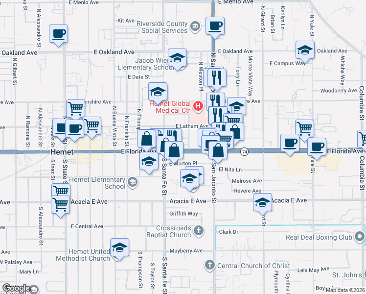 map of restaurants, bars, coffee shops, grocery stores, and more near 1020 East Florida Avenue in Hemet