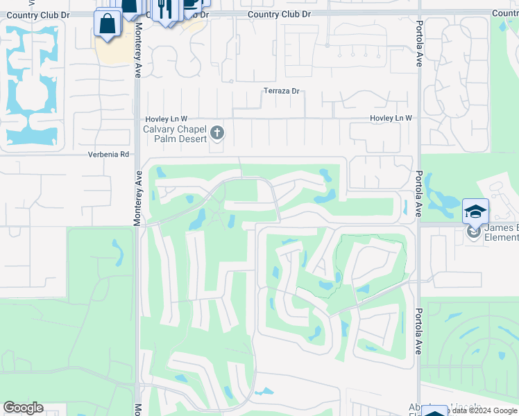 map of restaurants, bars, coffee shops, grocery stores, and more near 295 Cordoba Way in Palm Desert