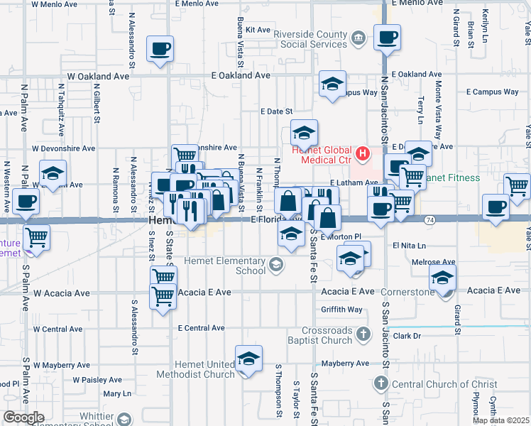 map of restaurants, bars, coffee shops, grocery stores, and more near 151 North Thompson Street in Hemet