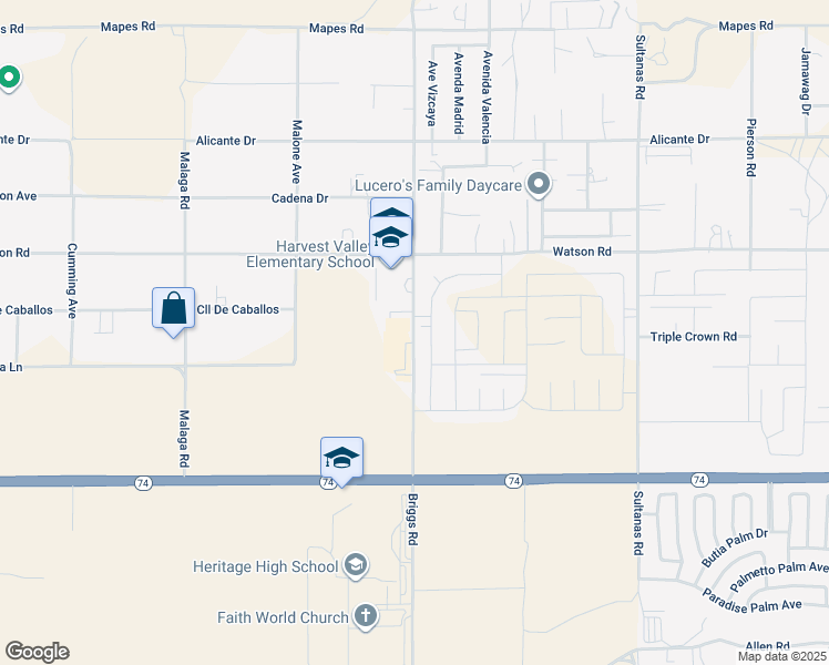 map of restaurants, bars, coffee shops, grocery stores, and more near 25625 Briggs Road in Menifee